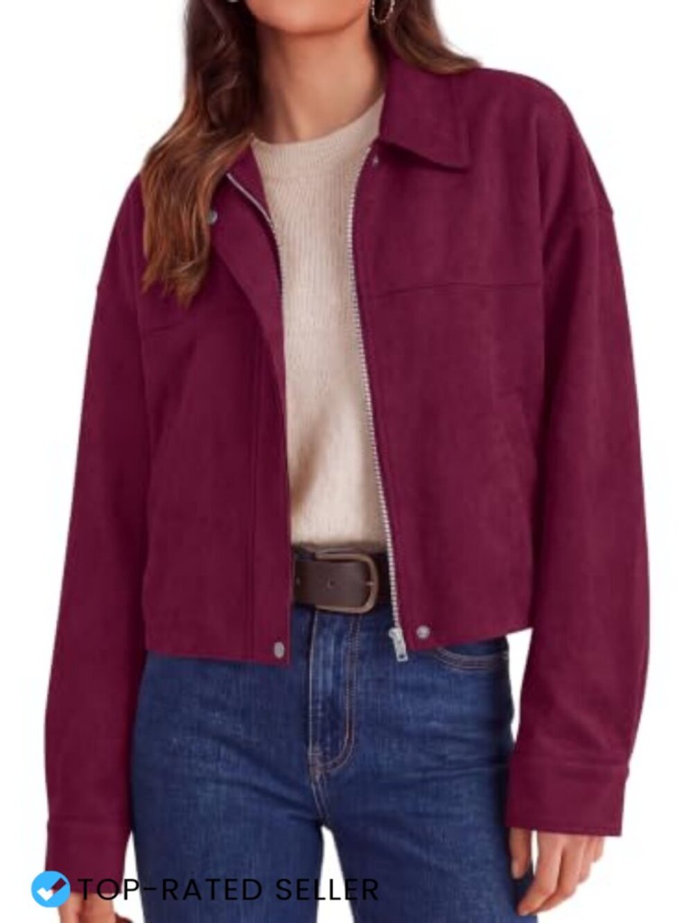 Faux Suede Cropped Jacket for Women Zip Up Lapel Collar Fall Winter